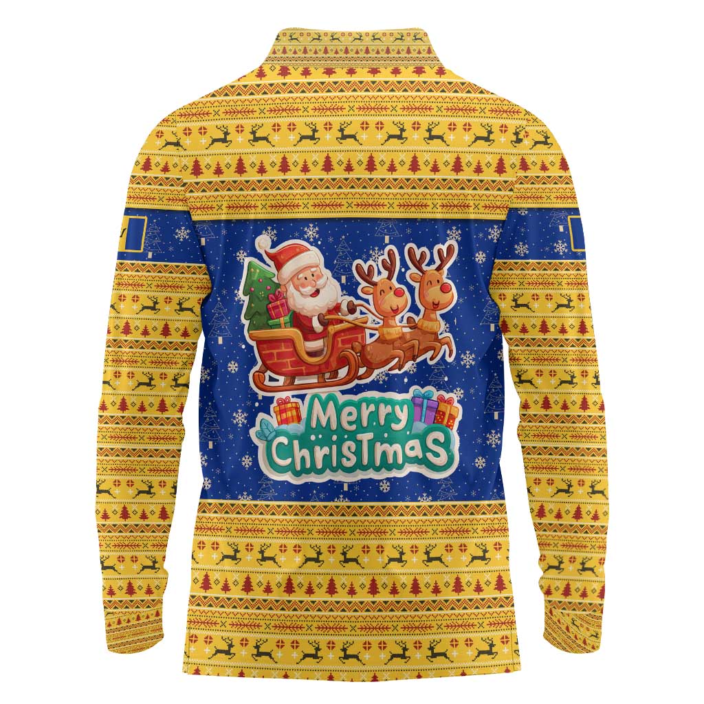 Barbados Christmas Long Sleeve Polo Shirt with Blue Yellow Xmas Trident Santa and Reindeer - Wonder Print Shop