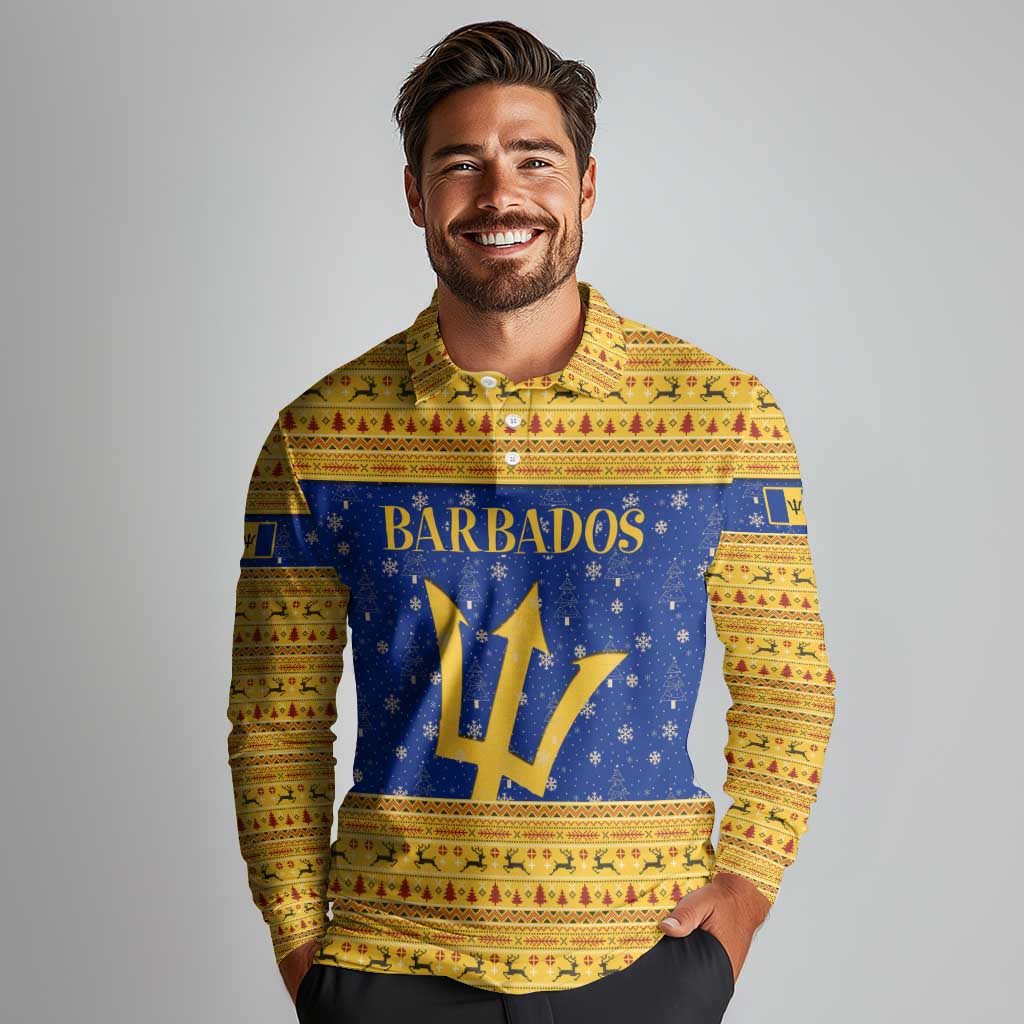 Barbados Christmas Long Sleeve Polo Shirt with Blue Yellow Xmas Trident Santa and Reindeer - Wonder Print Shop