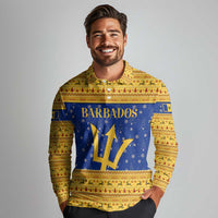 Barbados Christmas Long Sleeve Polo Shirt with Blue Yellow Xmas Trident Santa and Reindeer - Wonder Print Shop