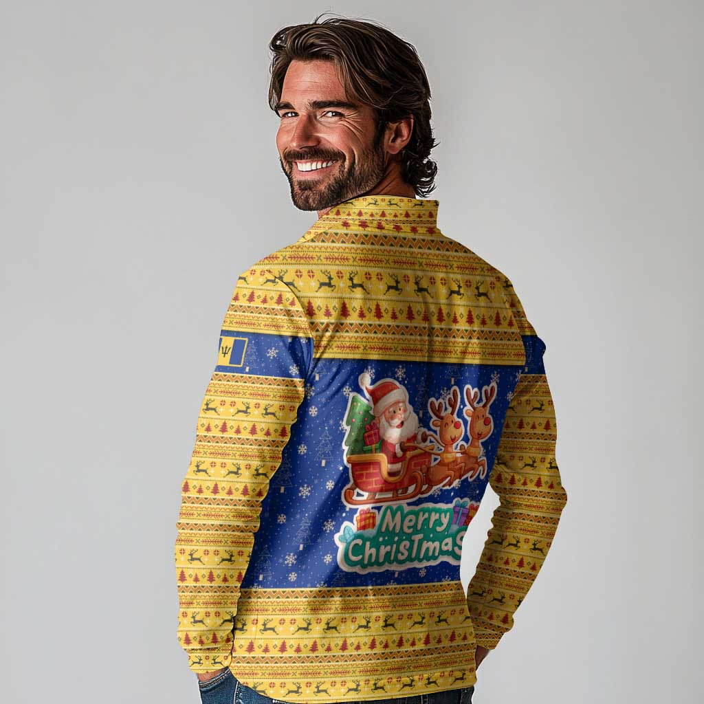 Barbados Christmas Long Sleeve Polo Shirt with Blue Yellow Xmas Trident Santa and Reindeer - Wonder Print Shop