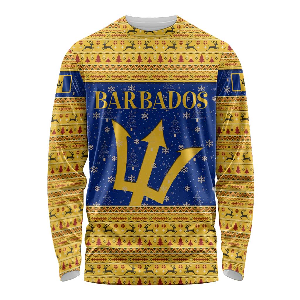Barbados Christmas Long Sleeve Shirt with Blue Yellow Xmas Trident Santa and Reindeer - Wonder Print Shop