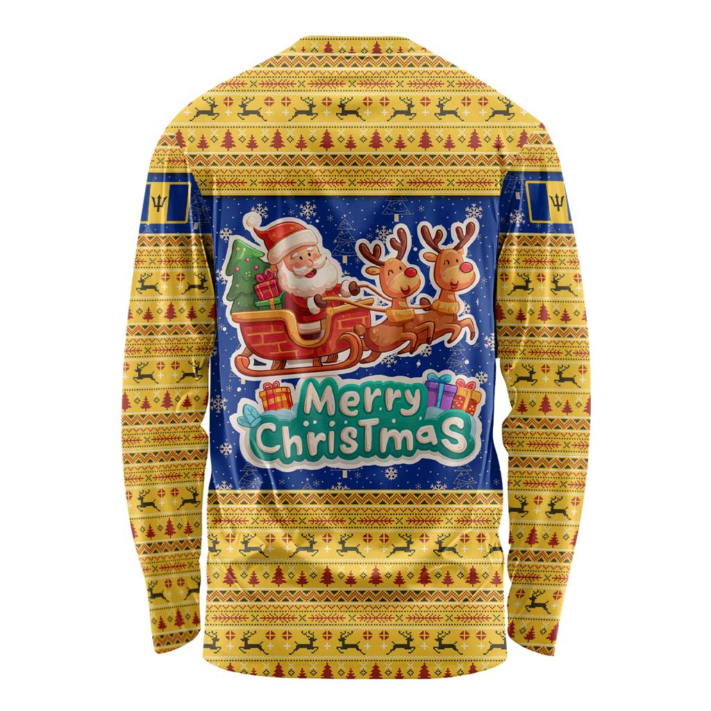 Barbados Christmas Long Sleeve Shirt with Blue Yellow Xmas Trident Santa and Reindeer - Wonder Print Shop