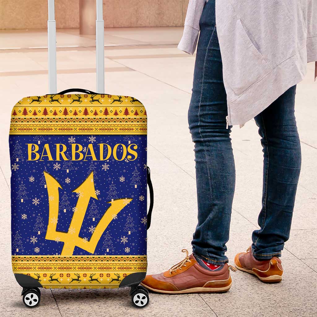 Barbados Christmas Luggage Cover with Blue Yellow Xmas Trident Santa and Reindeer - Wonder Print Shop