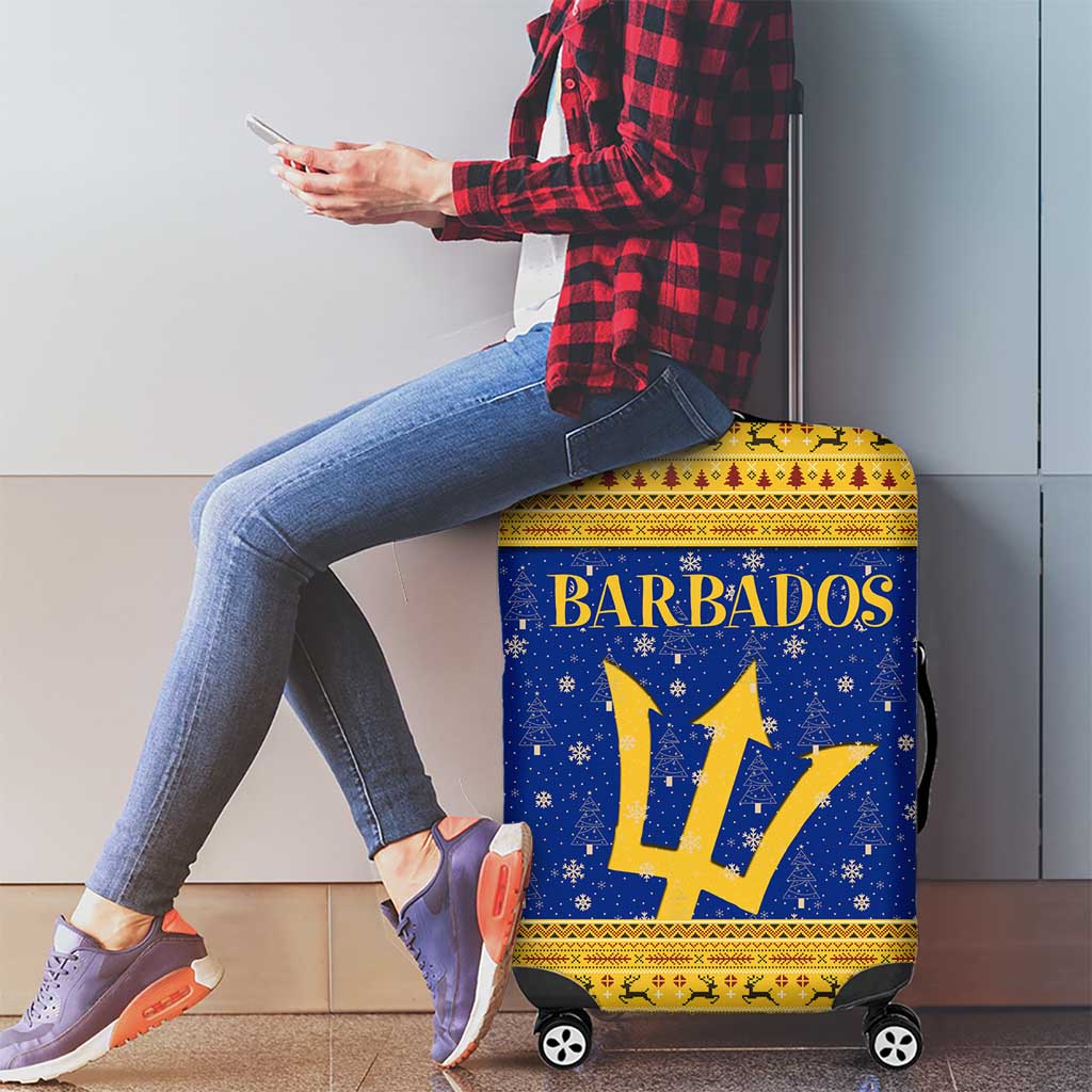 Barbados Christmas Luggage Cover with Blue Yellow Xmas Trident Santa and Reindeer - Wonder Print Shop