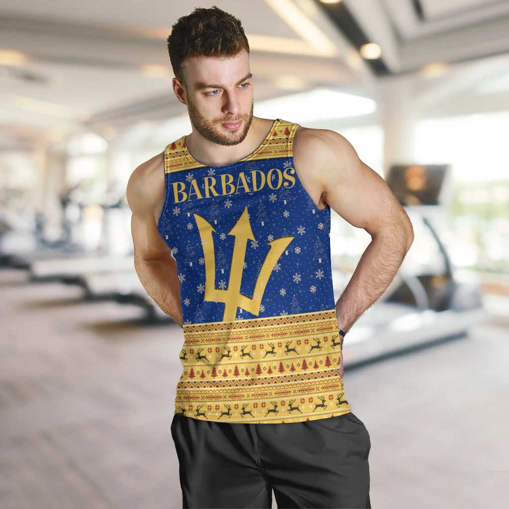 Barbados Christmas Men Tank Top with Blue Yellow Xmas Trident Santa and Reindeer - Wonder Print Shop