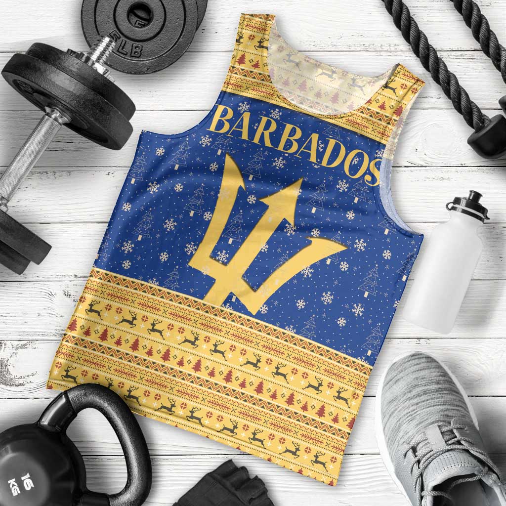 Barbados Christmas Men Tank Top with Blue Yellow Xmas Trident Santa and Reindeer - Wonder Print Shop