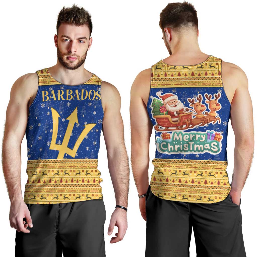 Barbados Christmas Men Tank Top with Blue Yellow Xmas Trident Santa and Reindeer - Wonder Print Shop