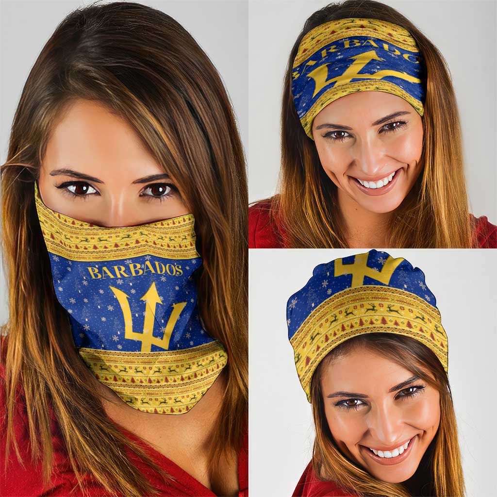 Barbados Christmas Neck Gaiter with Blue Yellow Xmas Trident Santa and Reindeer - Wonder Print Shop