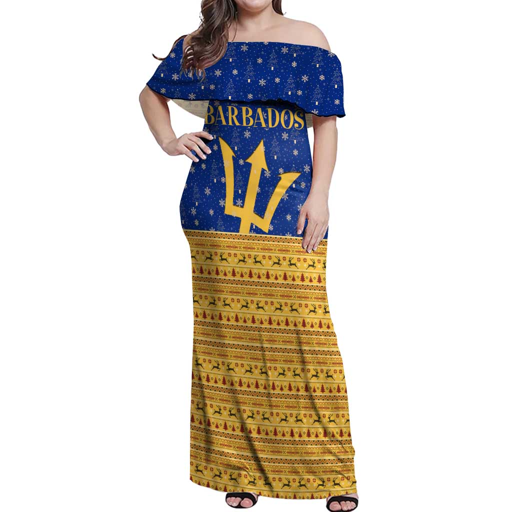 Barbados Christmas Off Shoulder Maxi Dress with Blue Yellow Xmas Trident Santa and Reindeer - Wonder Print Shop