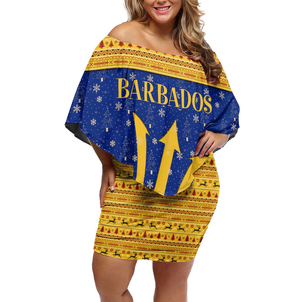 Barbados Christmas Off Shoulder Short Dress with Blue Yellow Xmas Trident Santa and Reindeer - Wonder Print Shop
