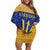 Barbados Christmas Off Shoulder Short Dress with Blue Yellow Xmas Trident Santa and Reindeer - Wonder Print Shop