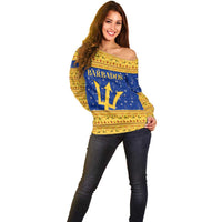 Barbados Christmas Off Shoulder Sweater with Blue Yellow Xmas Trident Santa and Reindeer - Wonder Print Shop