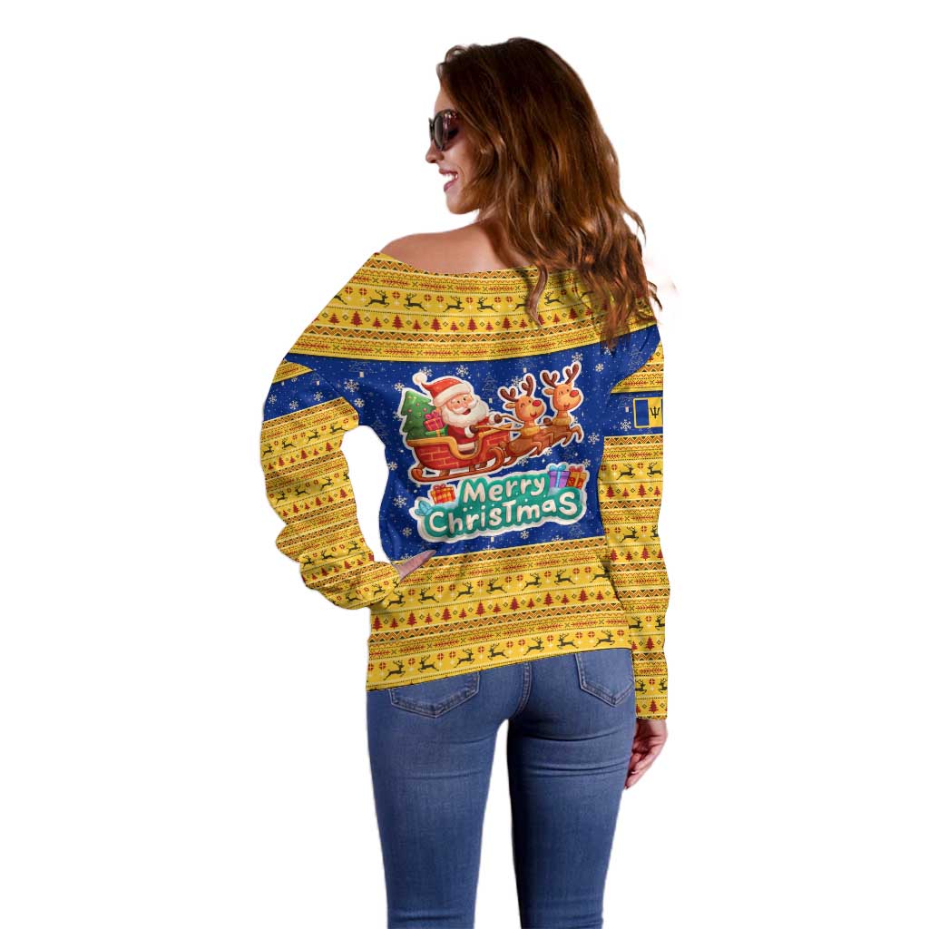 Barbados Christmas Off Shoulder Sweater with Blue Yellow Xmas Trident Santa and Reindeer - Wonder Print Shop