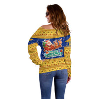 Barbados Christmas Off Shoulder Sweater with Blue Yellow Xmas Trident Santa and Reindeer - Wonder Print Shop