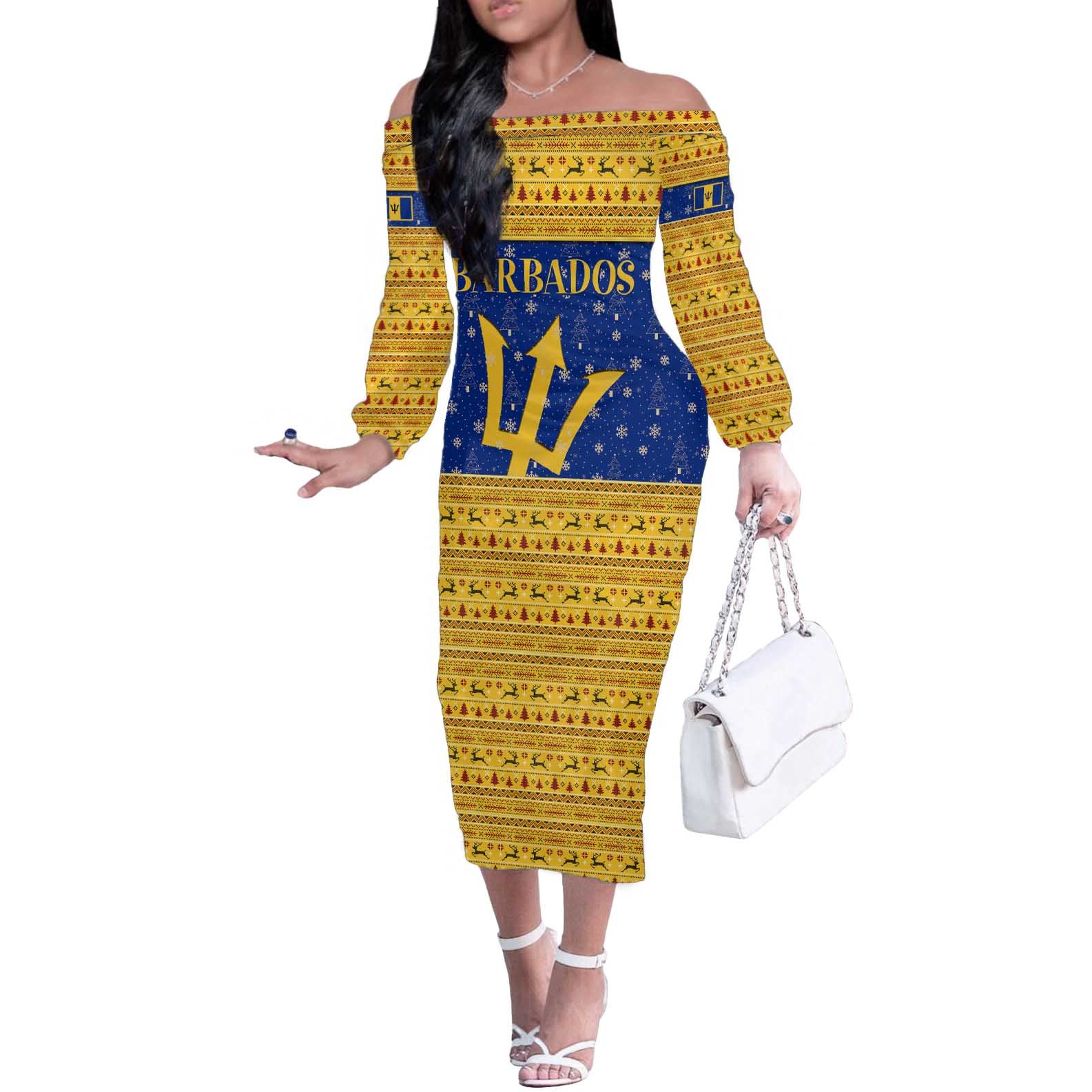 Barbados Christmas Off The Shoulder Long Sleeve Dress with Blue Yellow Xmas Trident Santa and Reindeer - Wonder Print Shop