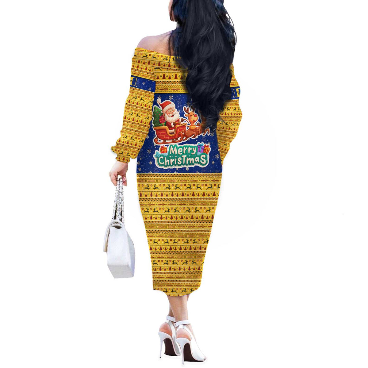 Barbados Christmas Off The Shoulder Long Sleeve Dress with Blue Yellow Xmas Trident Santa and Reindeer - Wonder Print Shop
