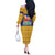 Barbados Christmas Off The Shoulder Long Sleeve Dress with Blue Yellow Xmas Trident Santa and Reindeer - Wonder Print Shop