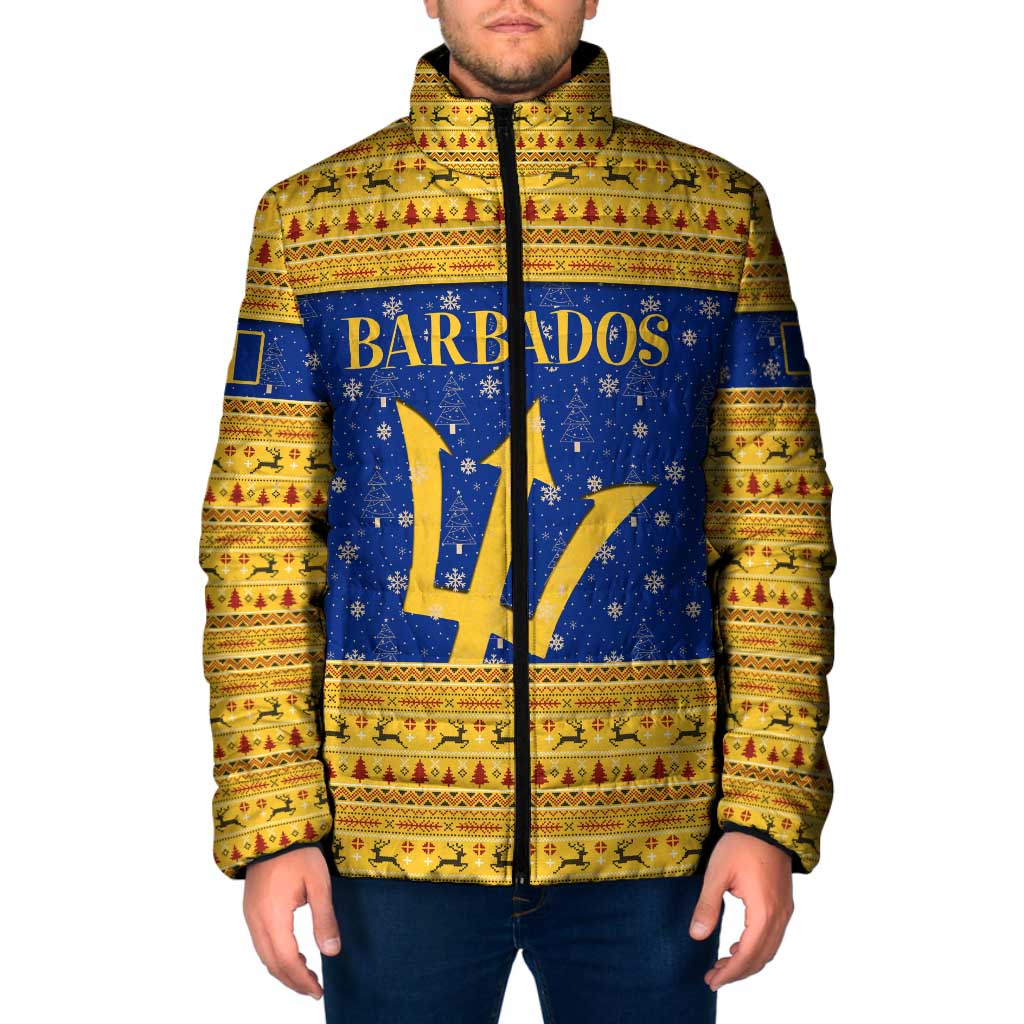 Barbados Christmas Padded Jacket with Blue Yellow Xmas Trident Santa and Reindeer - Wonder Print Shop
