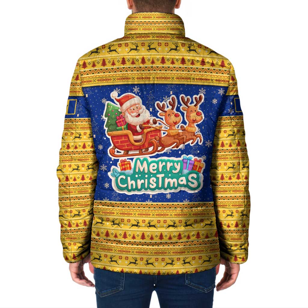Barbados Christmas Padded Jacket with Blue Yellow Xmas Trident Santa and Reindeer - Wonder Print Shop