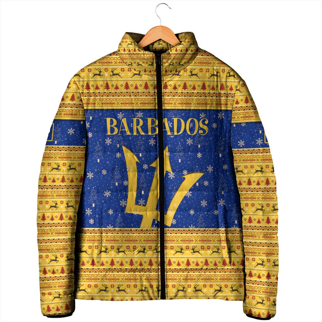 Barbados Christmas Padded Jacket with Blue Yellow Xmas Trident Santa and Reindeer - Wonder Print Shop