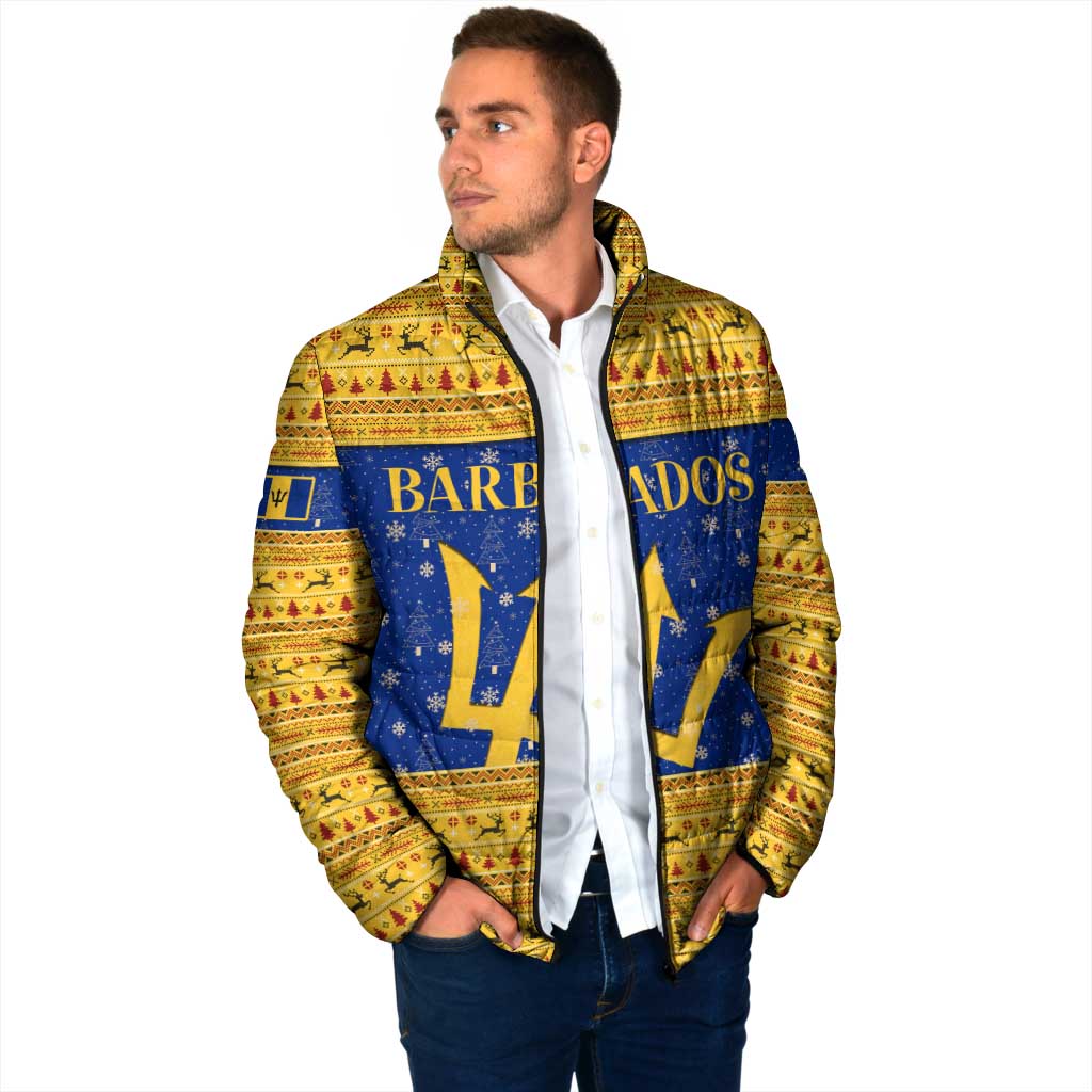 Barbados Christmas Padded Jacket with Blue Yellow Xmas Trident Santa and Reindeer - Wonder Print Shop