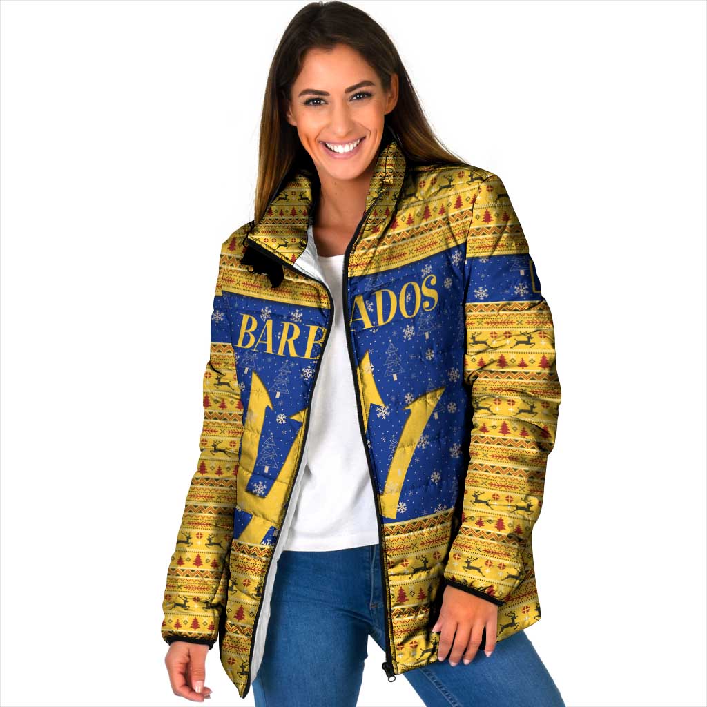 Barbados Christmas Padded Jacket with Blue Yellow Xmas Trident Santa and Reindeer - Wonder Print Shop