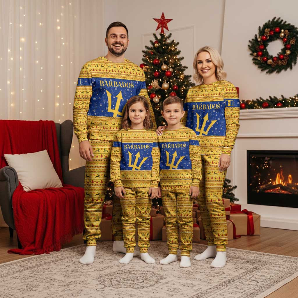 Barbados Christmas Pajama Set with Blue Yellow Xmas Trident Santa and Reindeer - Wonder Print Shop
