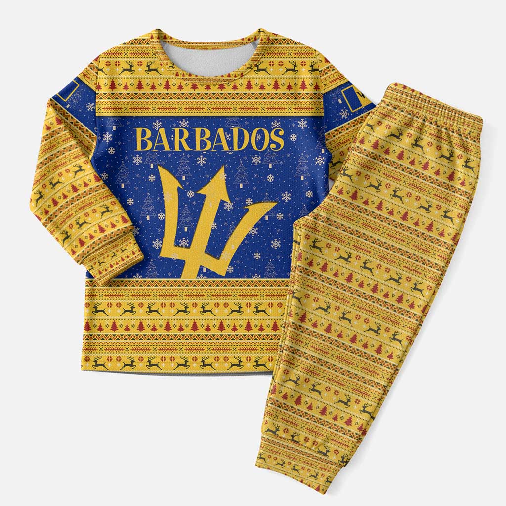 Barbados Christmas Pajama Set with Blue Yellow Xmas Trident Santa and Reindeer - Wonder Print Shop