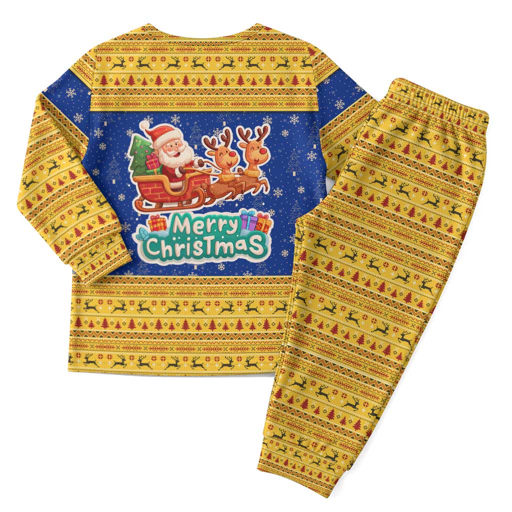 Barbados Christmas Pajama Set with Blue Yellow Xmas Trident Santa and Reindeer - Wonder Print Shop