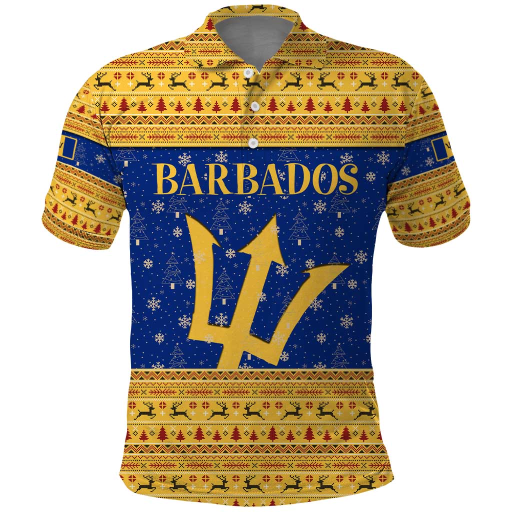 Barbados Christmas Polo Shirt with Blue Yellow Xmas Trident Santa and Reindeer - Wonder Print Shop