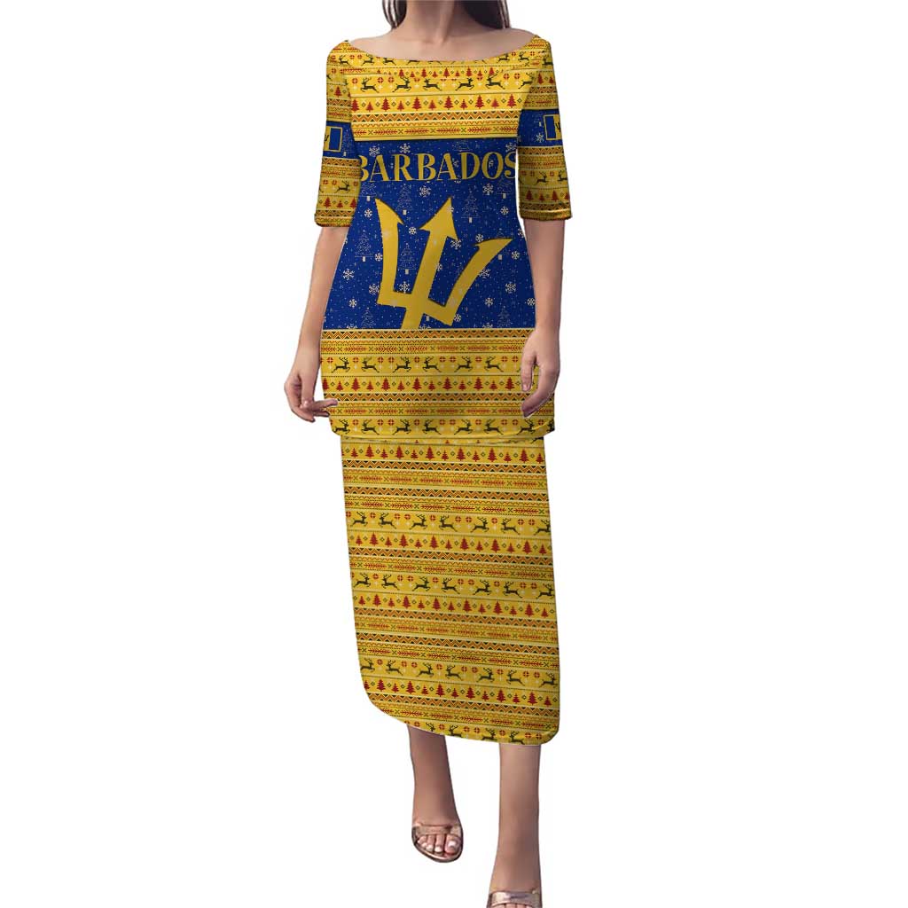 Barbados Christmas Puletasi with Blue Yellow Xmas Trident Santa and Reindeer - Wonder Print Shop