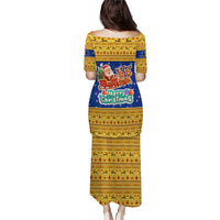 Barbados Christmas Puletasi with Blue Yellow Xmas Trident Santa and Reindeer - Wonder Print Shop