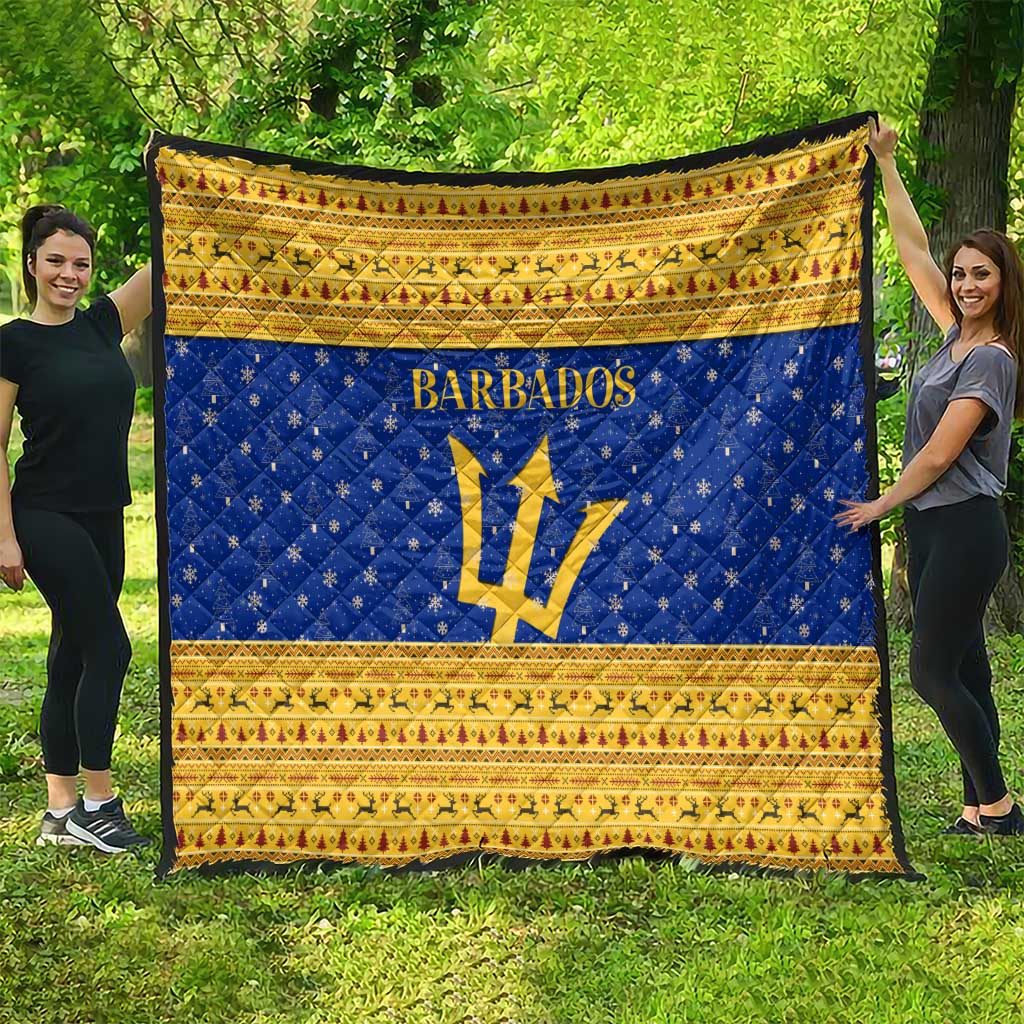 Barbados Christmas Quilt with Blue Yellow Xmas Trident Santa and Reindeer - Wonder Print Shop