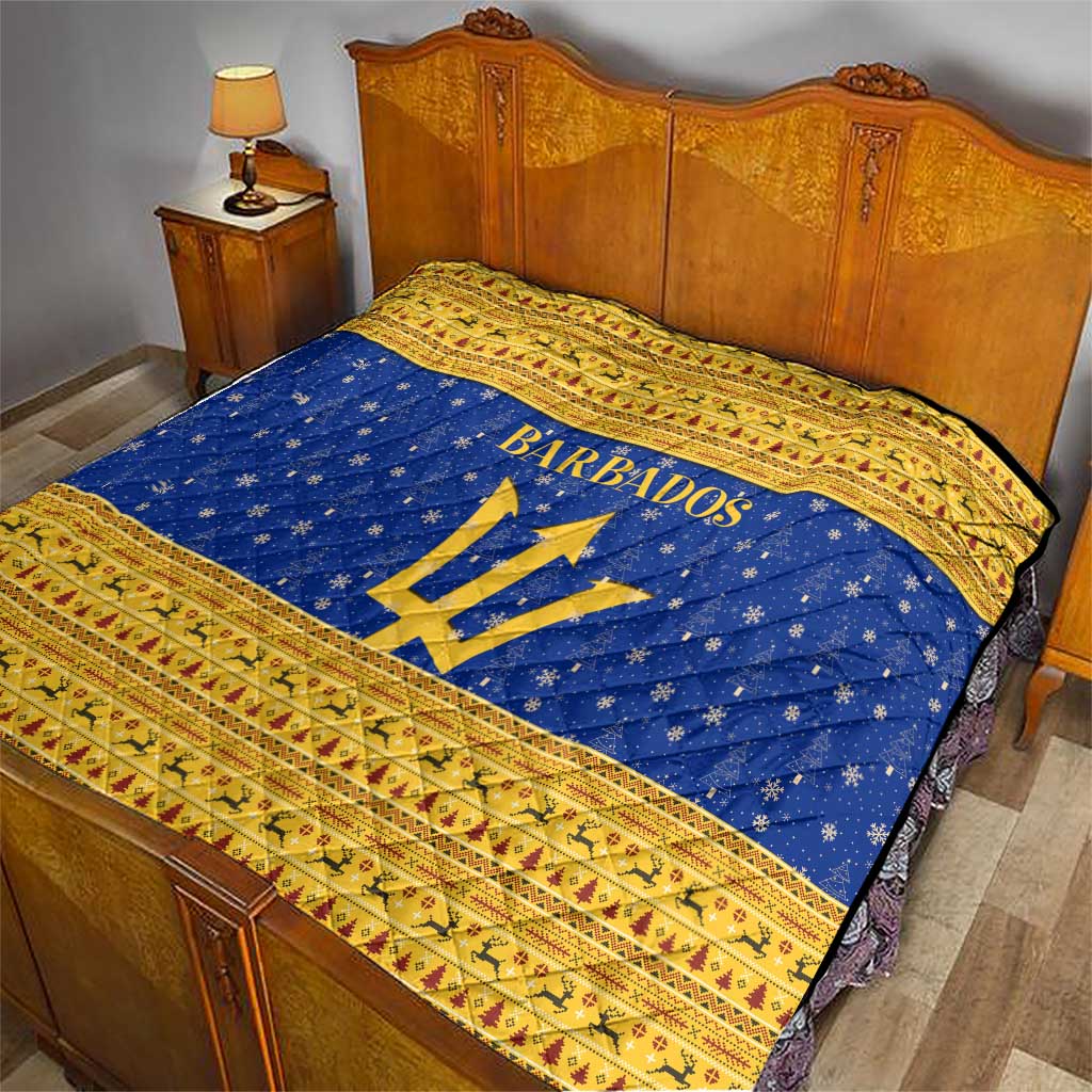 Barbados Christmas Quilt with Blue Yellow Xmas Trident Santa and Reindeer - Wonder Print Shop