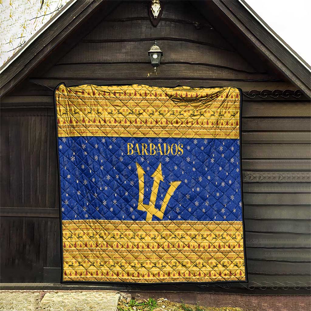 Barbados Christmas Quilt with Blue Yellow Xmas Trident Santa and Reindeer - Wonder Print Shop