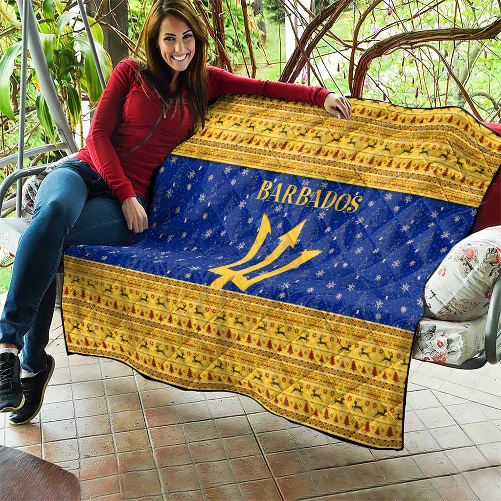 Barbados Christmas Quilt with Blue Yellow Xmas Trident Santa and Reindeer - Wonder Print Shop