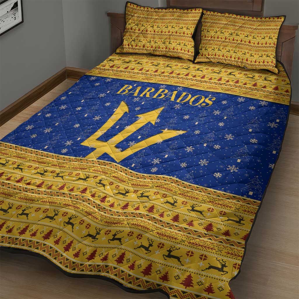 Barbados Christmas Quilt Bed Set with Blue Yellow Xmas Trident Santa and Reindeer - Wonder Print Shop