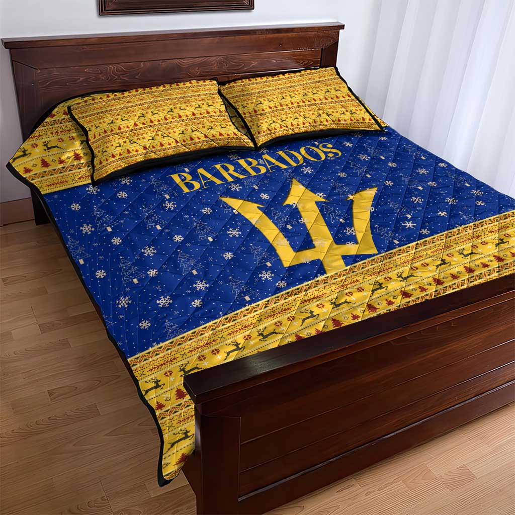 Barbados Christmas Quilt Bed Set with Blue Yellow Xmas Trident Santa and Reindeer - Wonder Print Shop