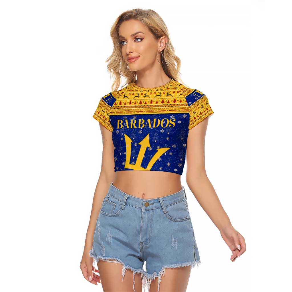 Barbados Christmas Raglan Cropped T Shirt with Blue Yellow Xmas Trident Santa and Reindeer - Wonder Print Shop