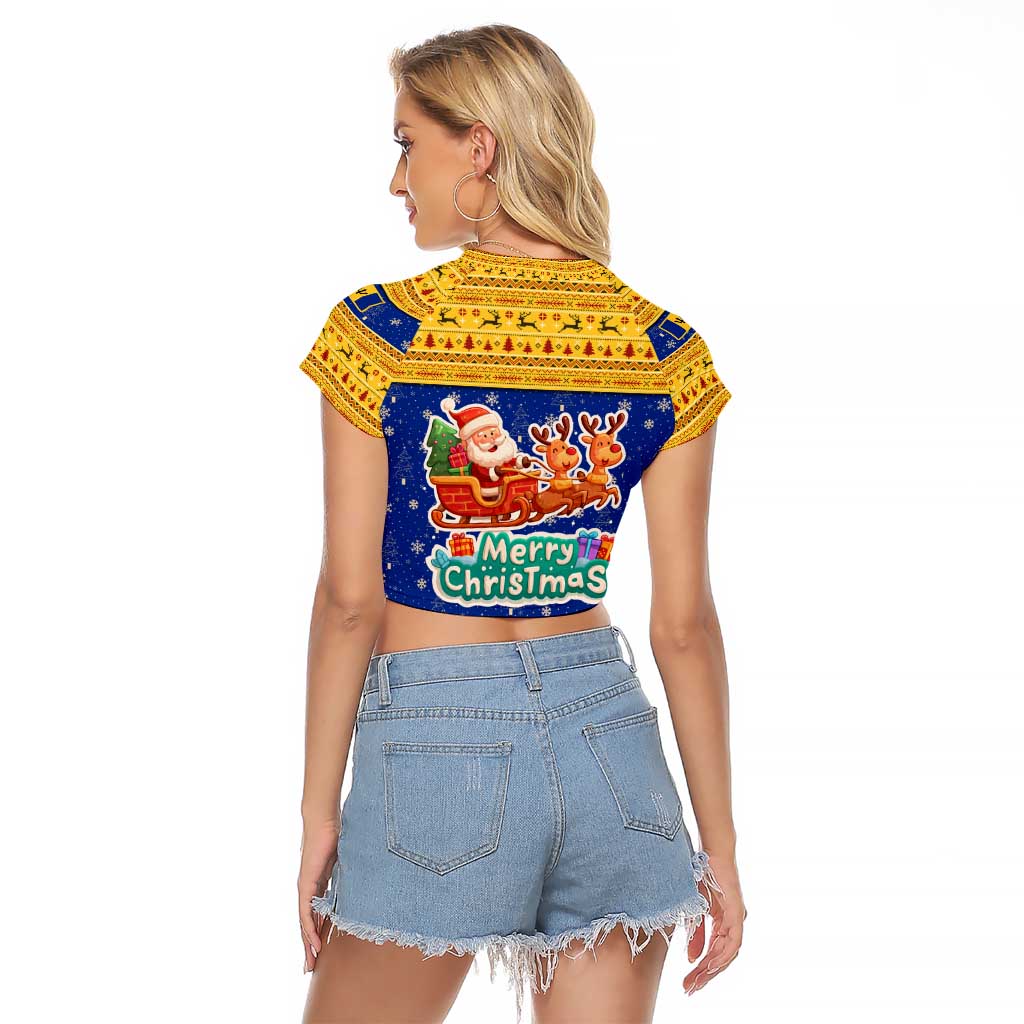 Barbados Christmas Raglan Cropped T Shirt with Blue Yellow Xmas Trident Santa and Reindeer - Wonder Print Shop