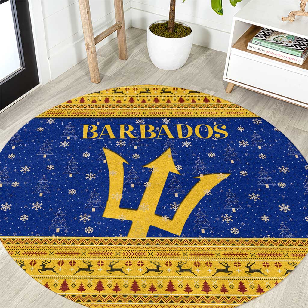 Barbados Christmas Round Carpet with Blue Yellow Xmas Trident Santa and Reindeer - Wonder Print Shop