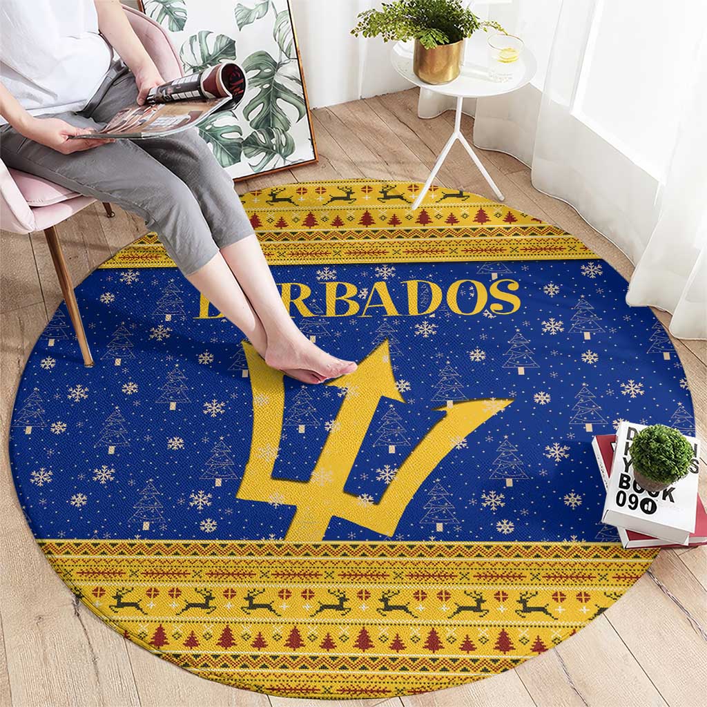 Barbados Christmas Round Carpet with Blue Yellow Xmas Trident Santa and Reindeer - Wonder Print Shop
