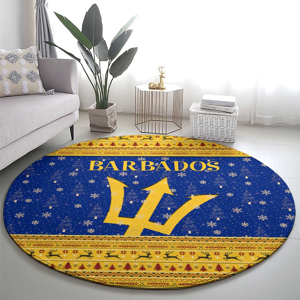 Barbados Christmas Round Carpet with Blue Yellow Xmas Trident Santa and Reindeer - Wonder Print Shop