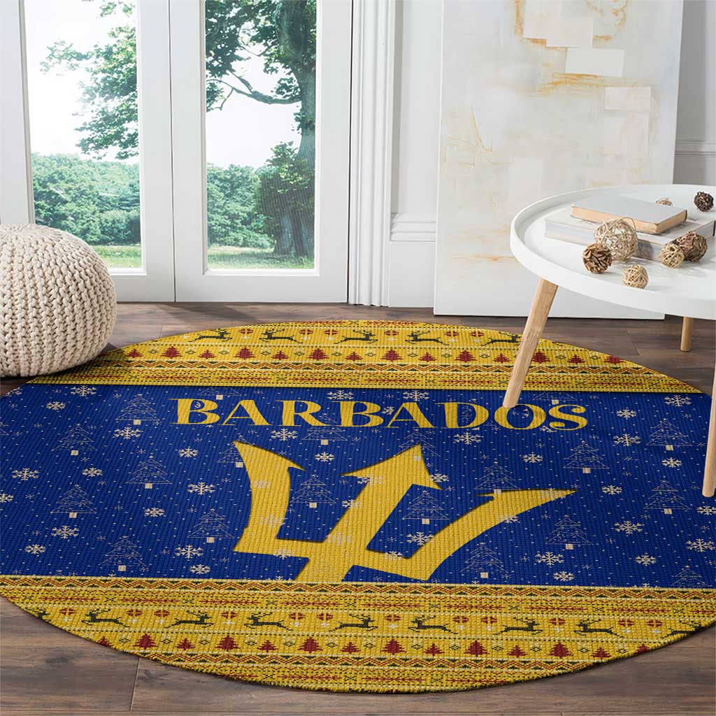 Barbados Christmas Round Carpet with Blue Yellow Xmas Trident Santa and Reindeer - Wonder Print Shop