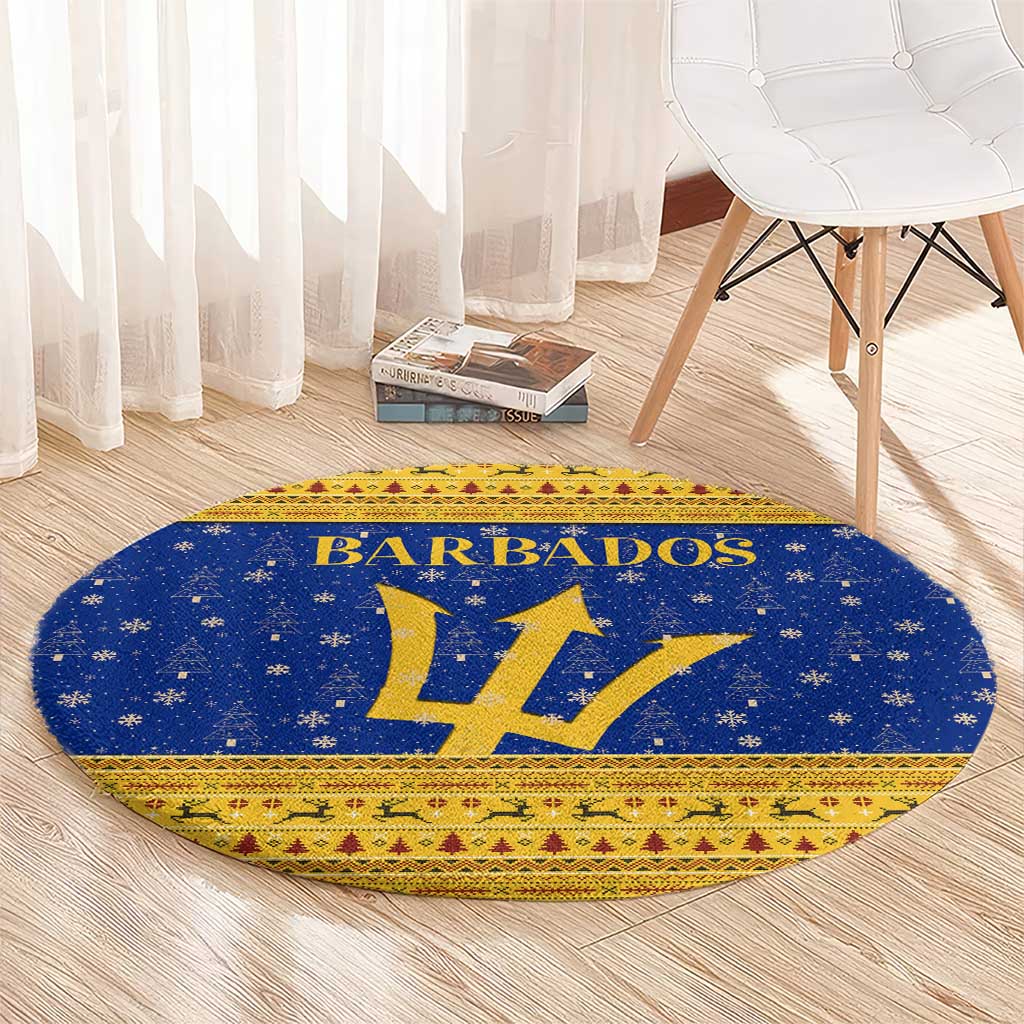 Barbados Christmas Round Carpet with Blue Yellow Xmas Trident Santa and Reindeer - Wonder Print Shop