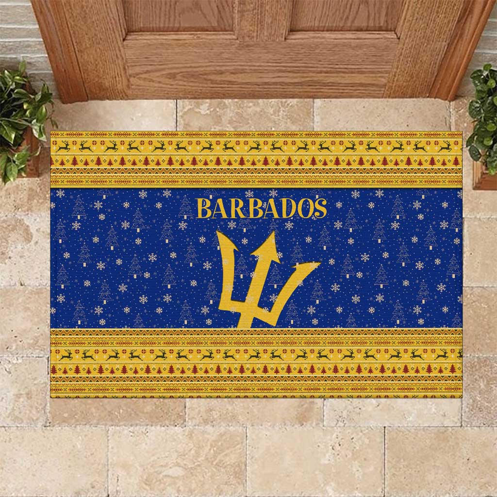 Barbados Christmas Rubber Doormat with Blue Yellow Xmas Trident Santa and Reindeer - Wonder Print Shop