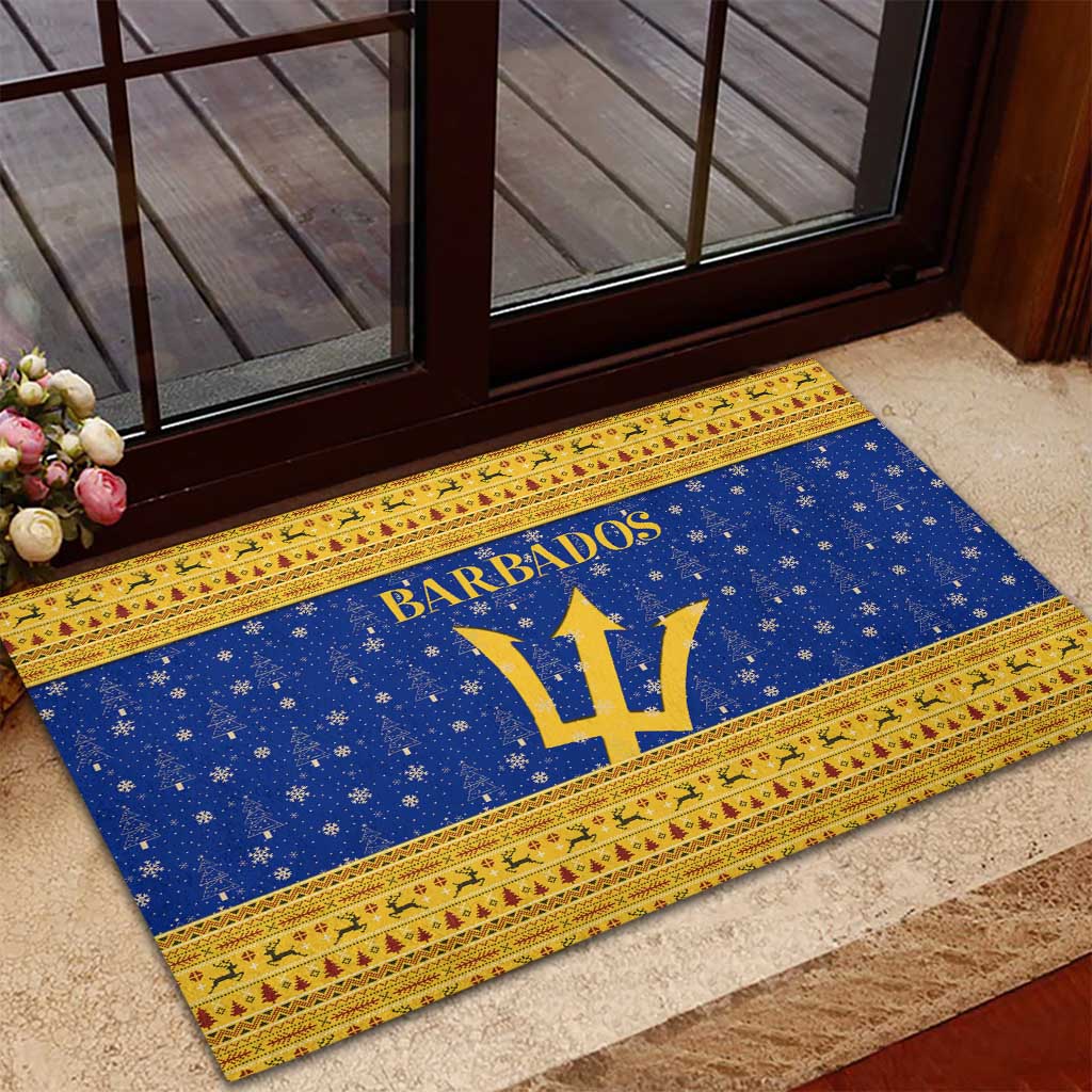 Barbados Christmas Rubber Doormat with Blue Yellow Xmas Trident Santa and Reindeer - Wonder Print Shop