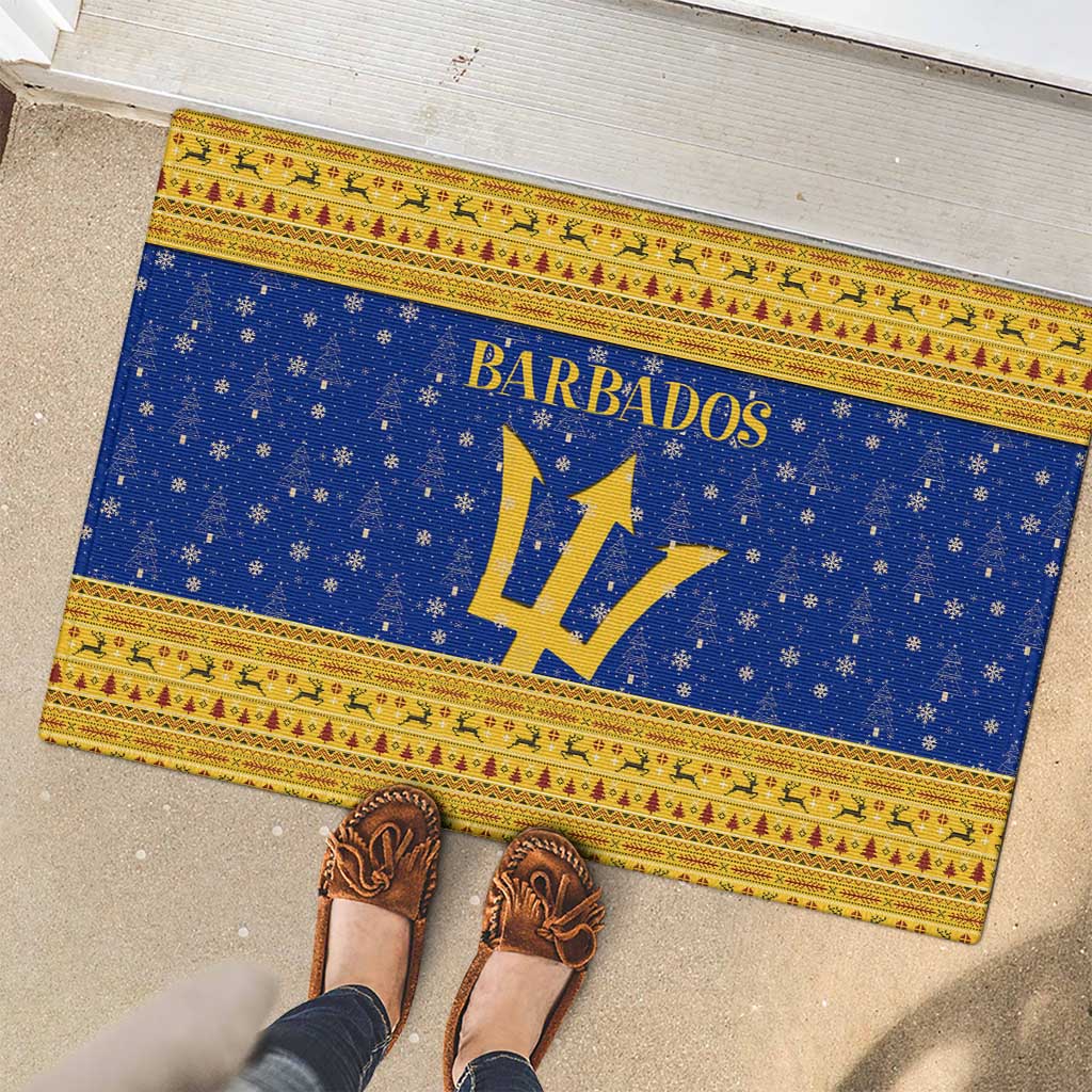 Barbados Christmas Rubber Doormat with Blue Yellow Xmas Trident Santa and Reindeer - Wonder Print Shop