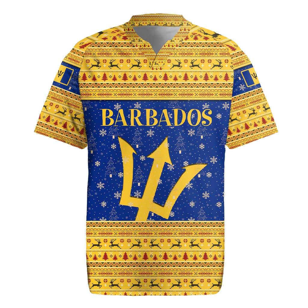 Barbados Christmas Rugby Jersey with Blue Yellow Xmas Trident Santa and Reindeer - Wonder Print Shop