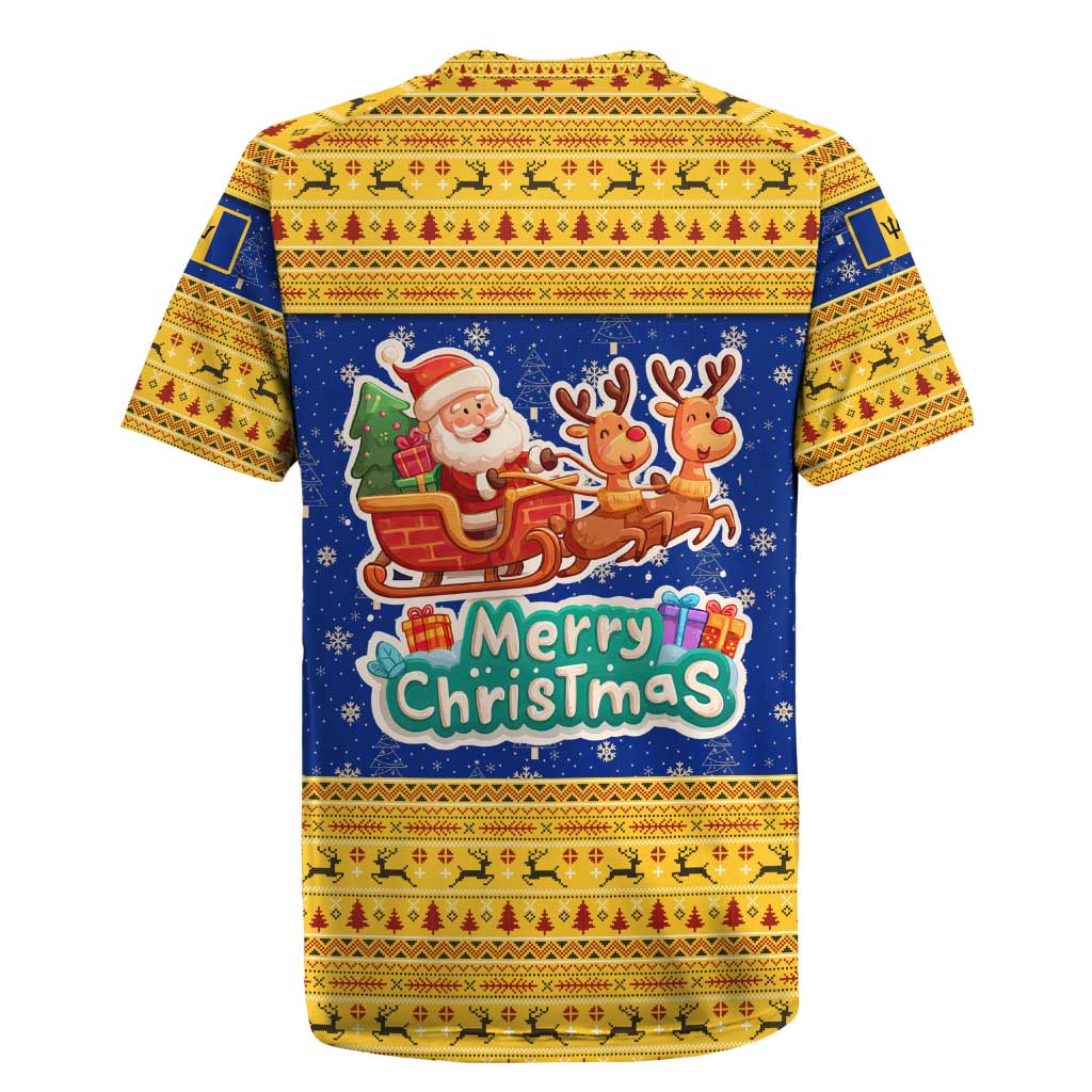 Barbados Christmas Rugby Jersey with Blue Yellow Xmas Trident Santa and Reindeer - Wonder Print Shop